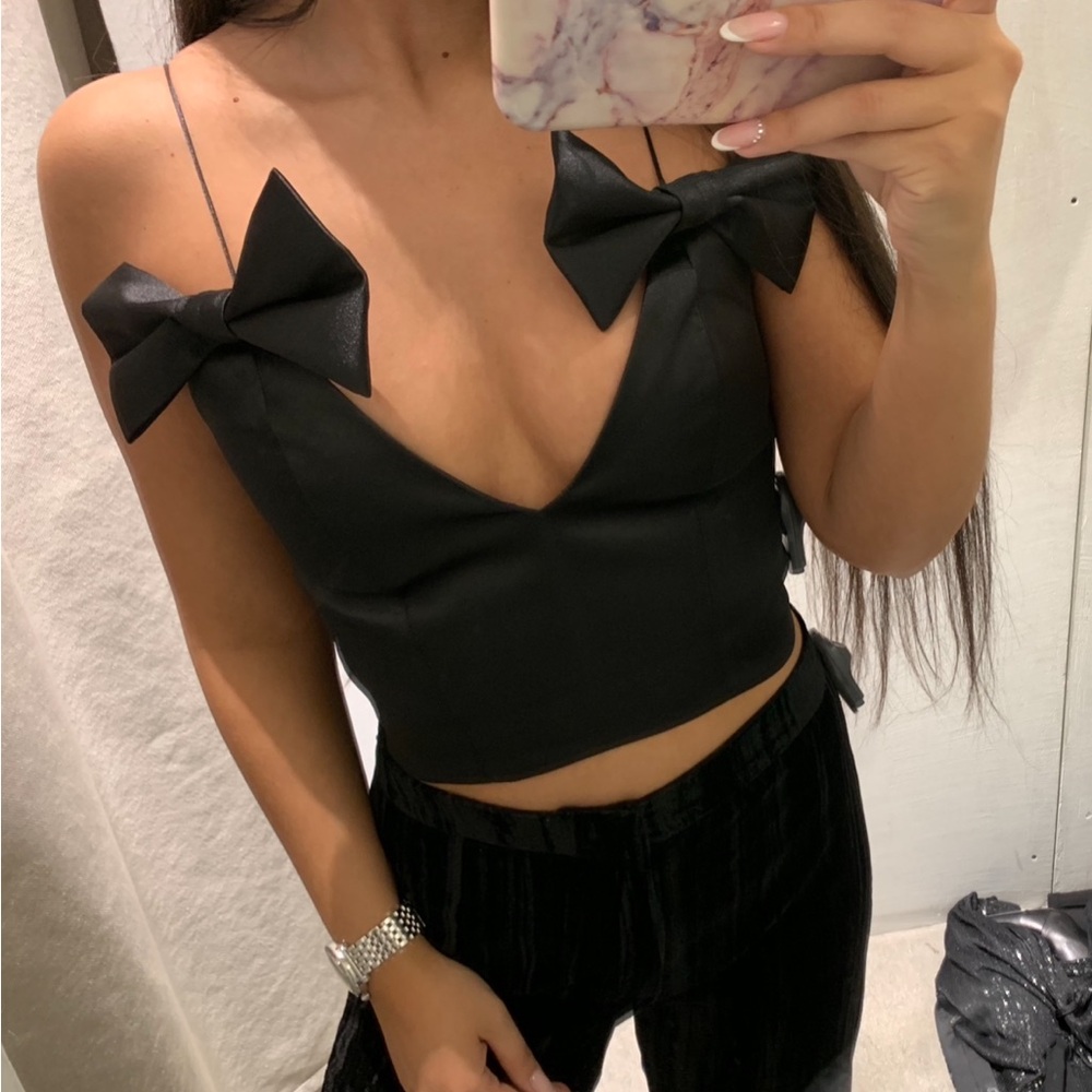 Zara black satin crop top with bows